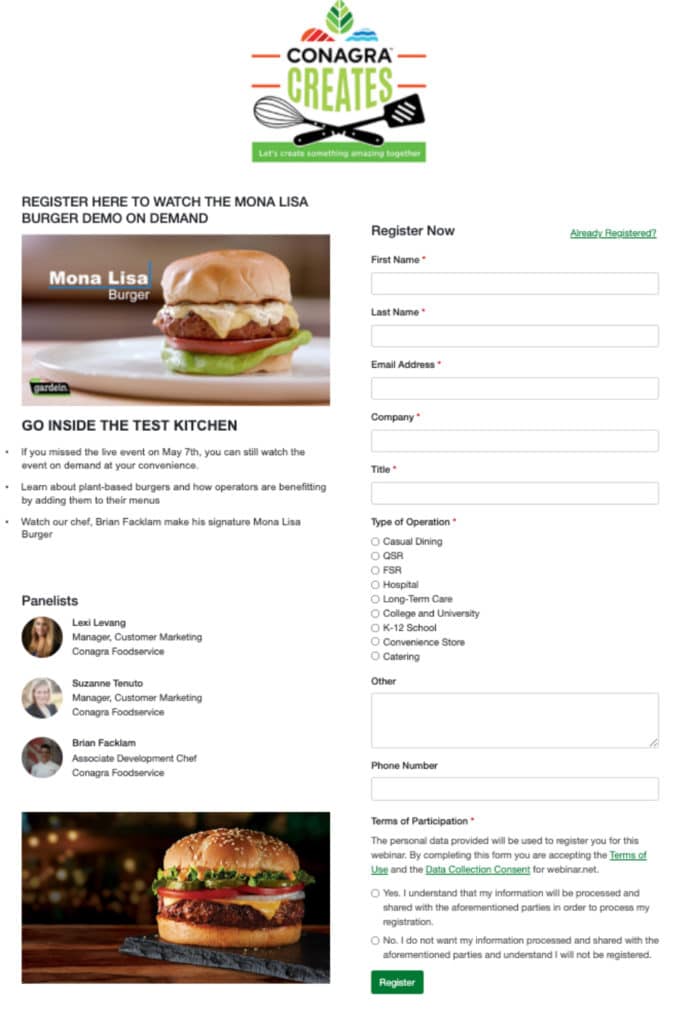 ConAgra Webinar Signup Screen